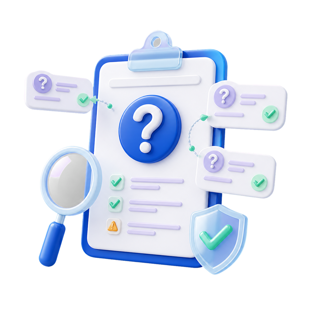 Question review clipboard with answer cards, a magnifying glass, and confirmation signals